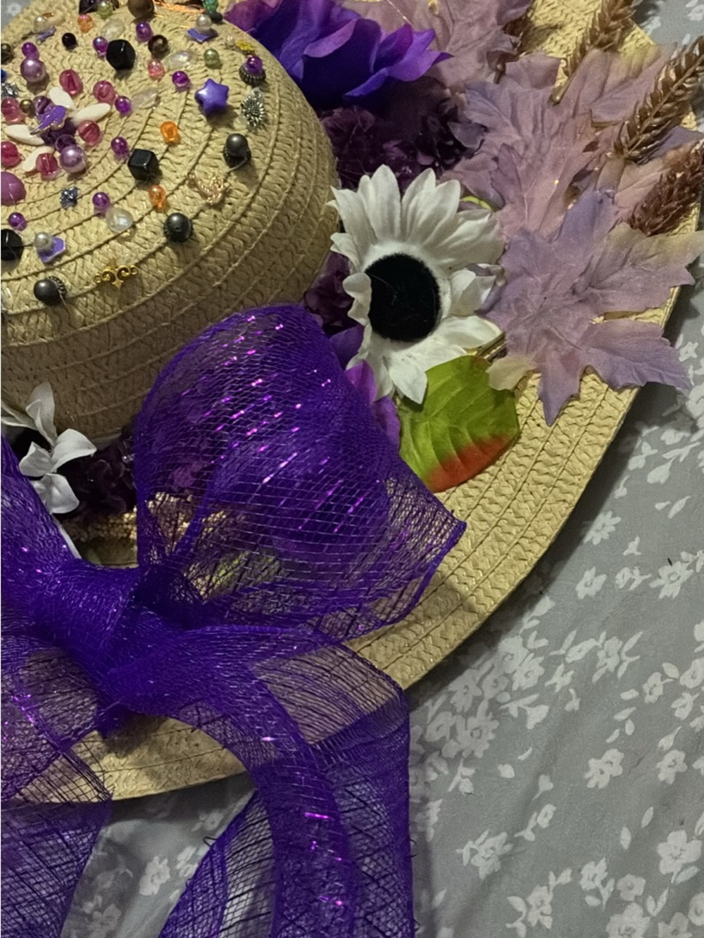 Purple Floral Straw Sun Hat with Decorative Bow
